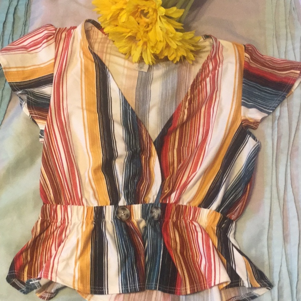 ❌DONATED❌Multicolor Blue Stripe Deep V-neck Elastic Waist Top - Picture 4 of 8